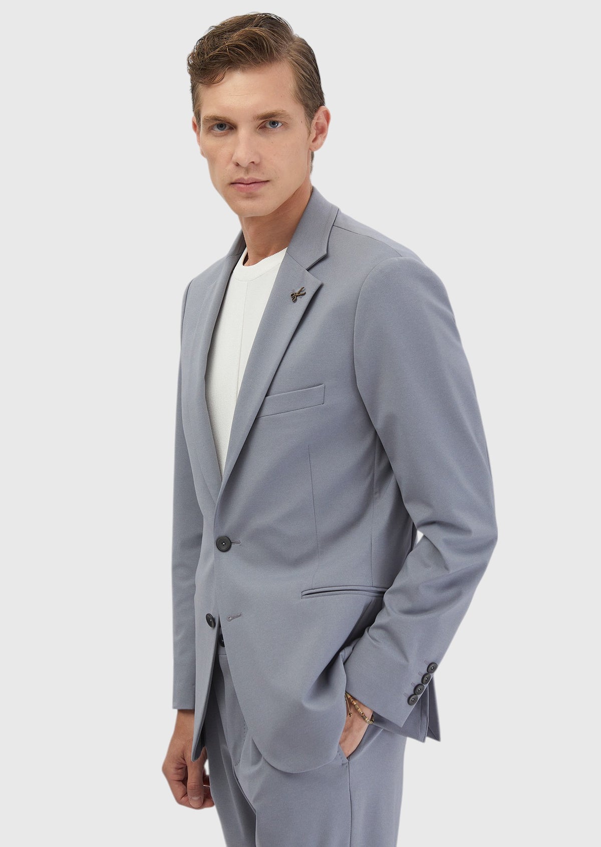 Açık Gri Düz Comfort Fit Örme Takım Elbise