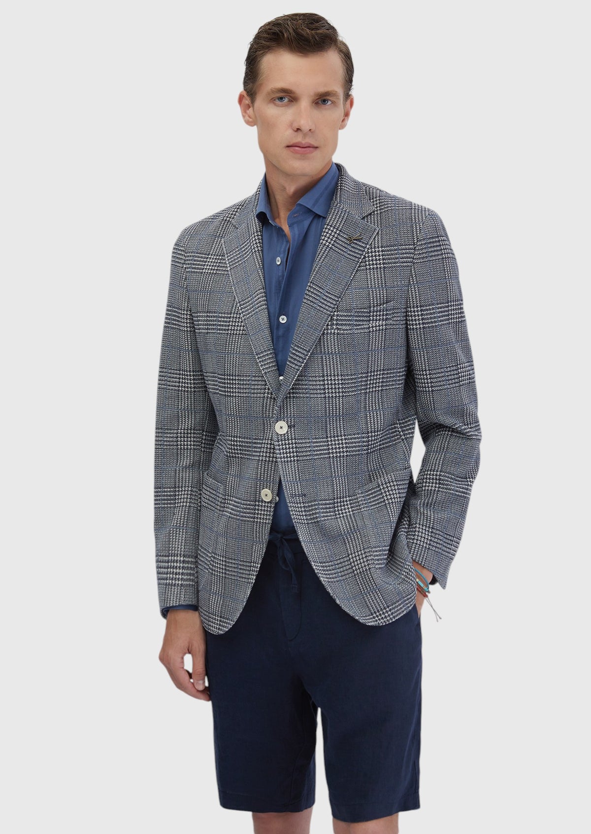 İndigo Kareli Shirt Shoulder Slim Fit Pamuk Karışımlı Örme Ceket