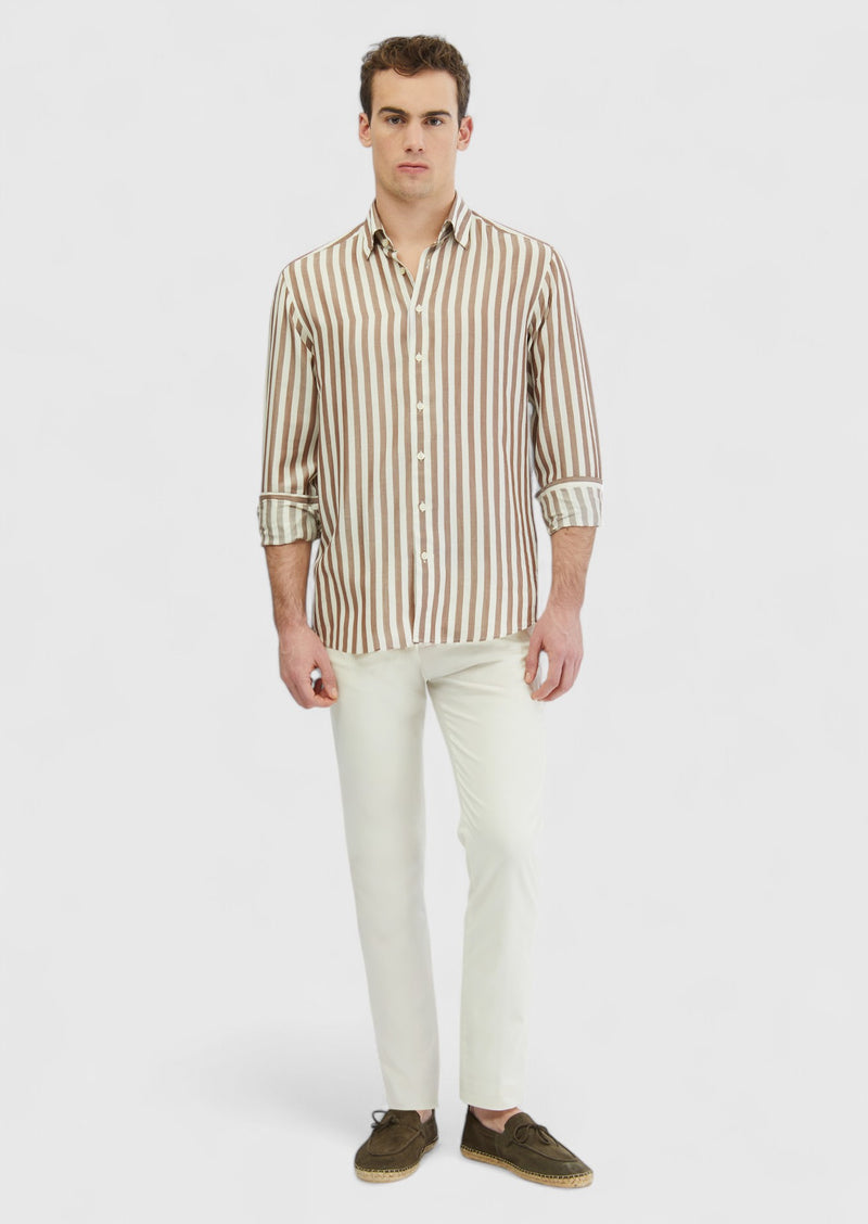 Kahverengi Çizgili Casual Fit Uzun Dokuma Casual Gömlek