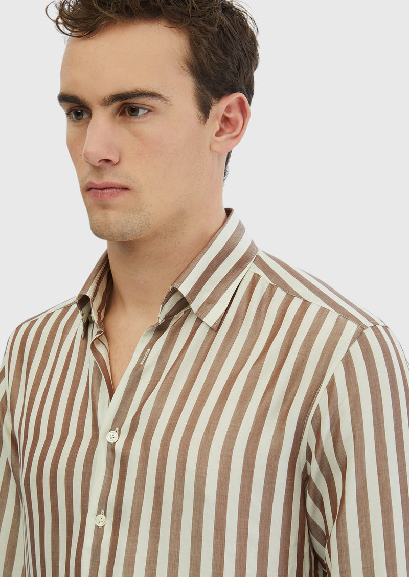 Kahverengi Çizgili Casual Fit Uzun Dokuma Casual Gömlek
