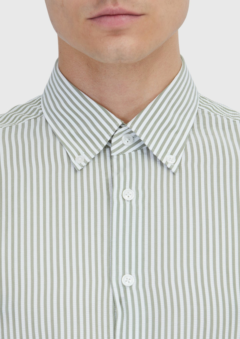 Açık Yeşil Çizgili Casual Fit Uzun Dokuma Casual Gömlek
