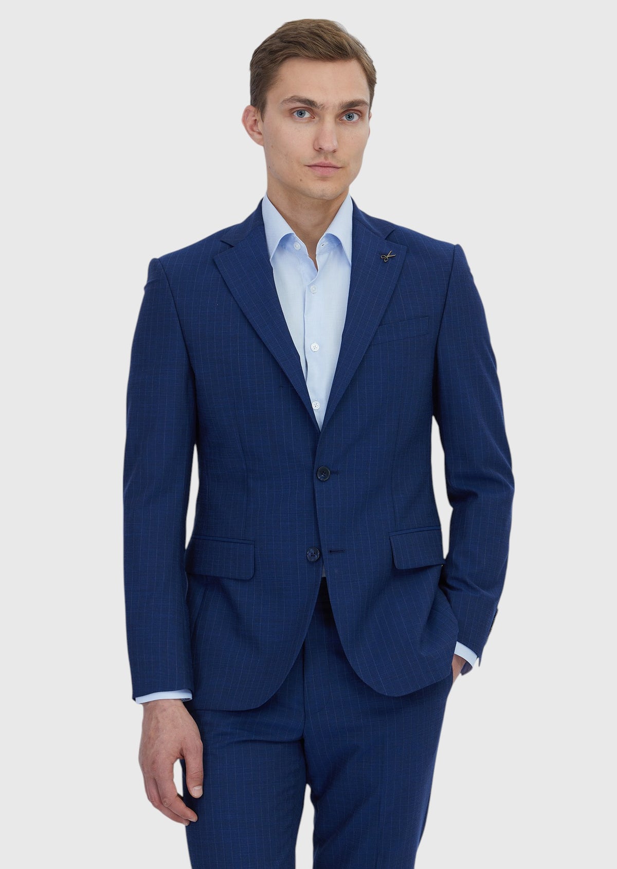Açık İndigo Çizgili Modern Fit Yün Karışımlı Takım Elbise