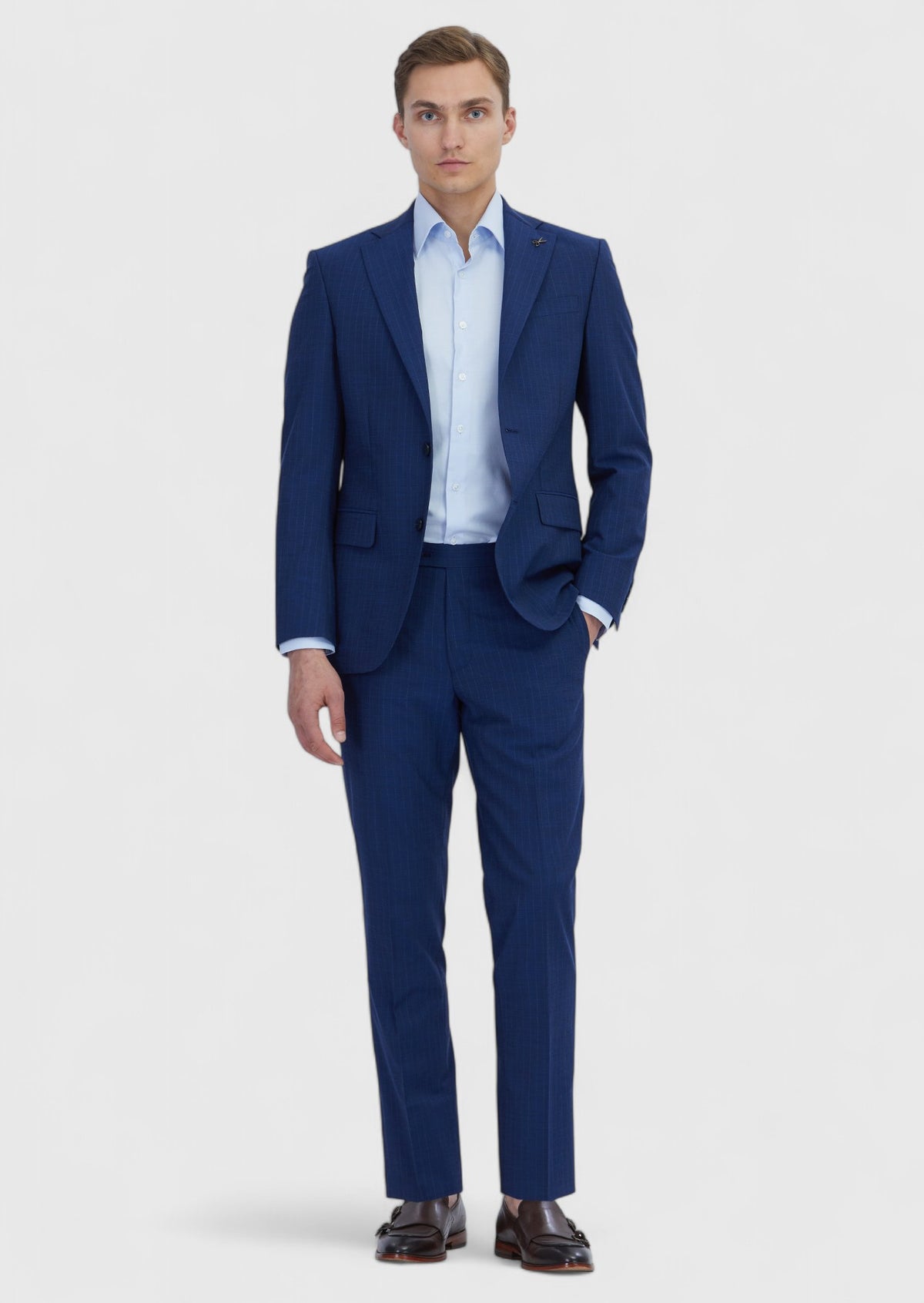 Açık İndigo Çizgili Modern Fit Yün Karışımlı Takım Elbise