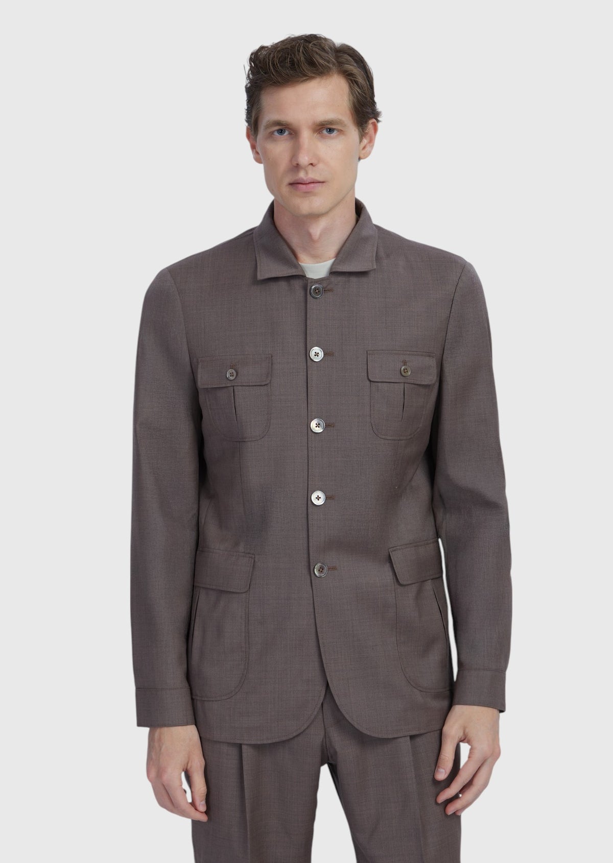 Açık Kahve Düz Shirt Shoulder Slim Fit %100 Yün Ceket
