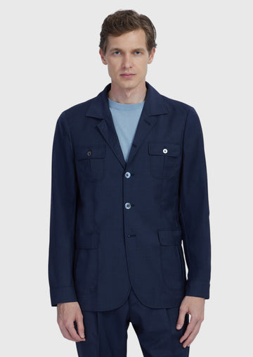 Navy Blue Plain Shirt Shoulder Slim Fit Wool Blended Jacket