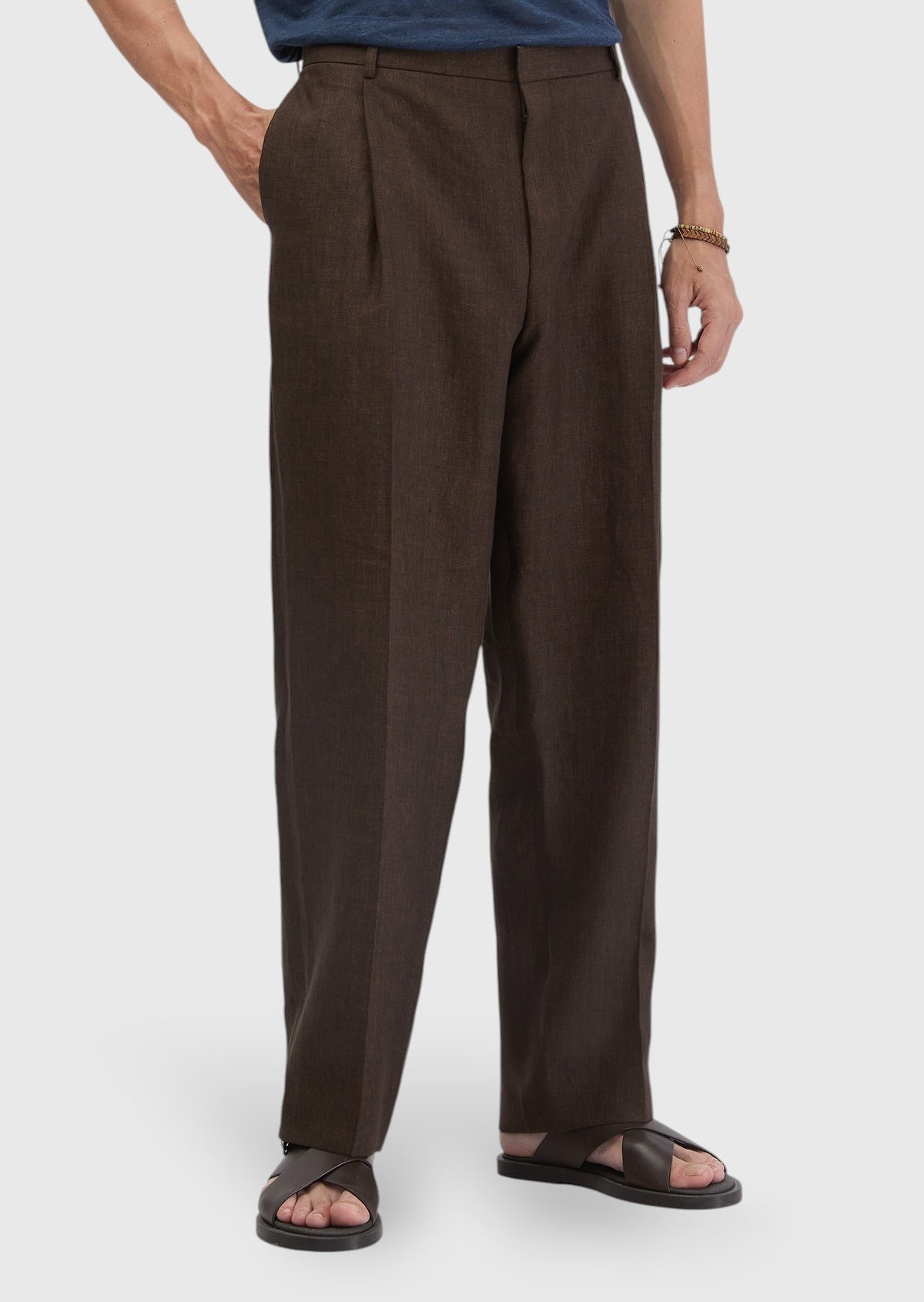 Kahverengi Düz Kumaş Regular Fit Casual %100 Keten Pantolon
