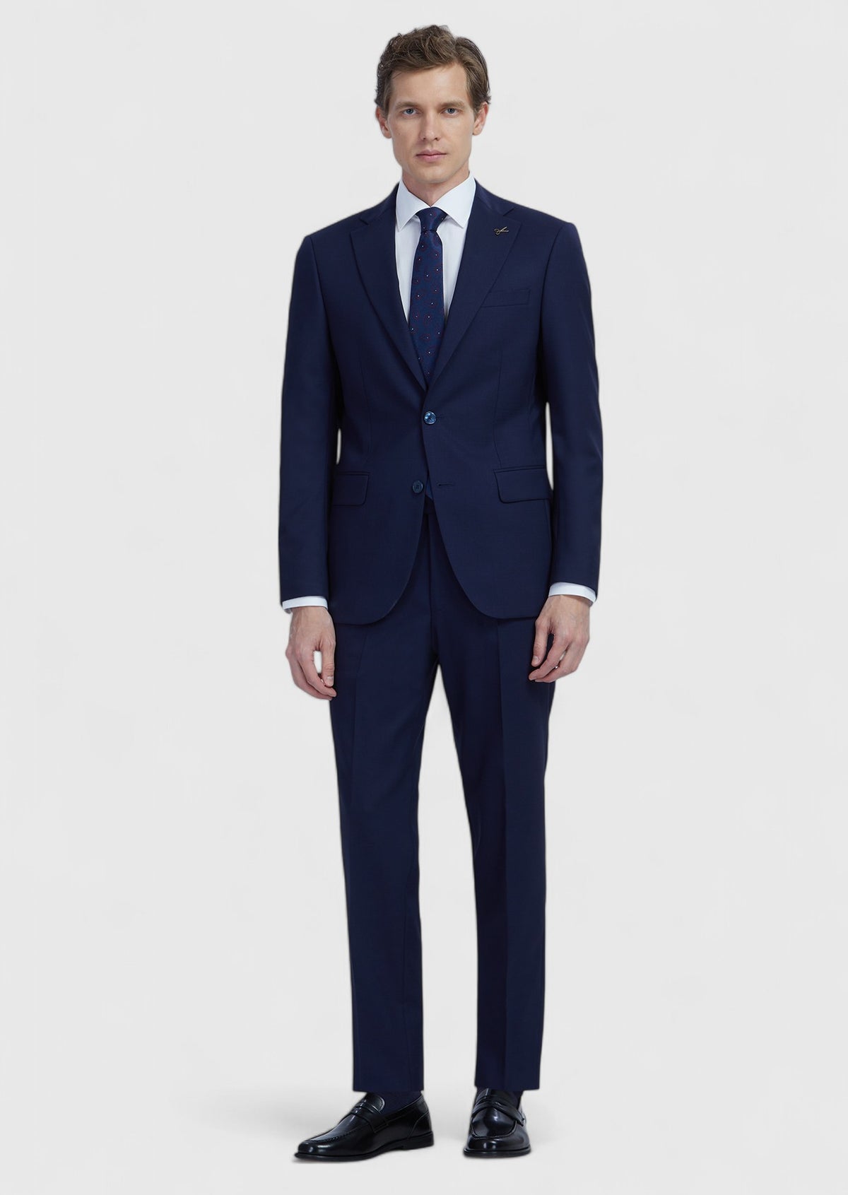 Lacivert Düz Modern Fit Yün Karışımlı Takım Elbise