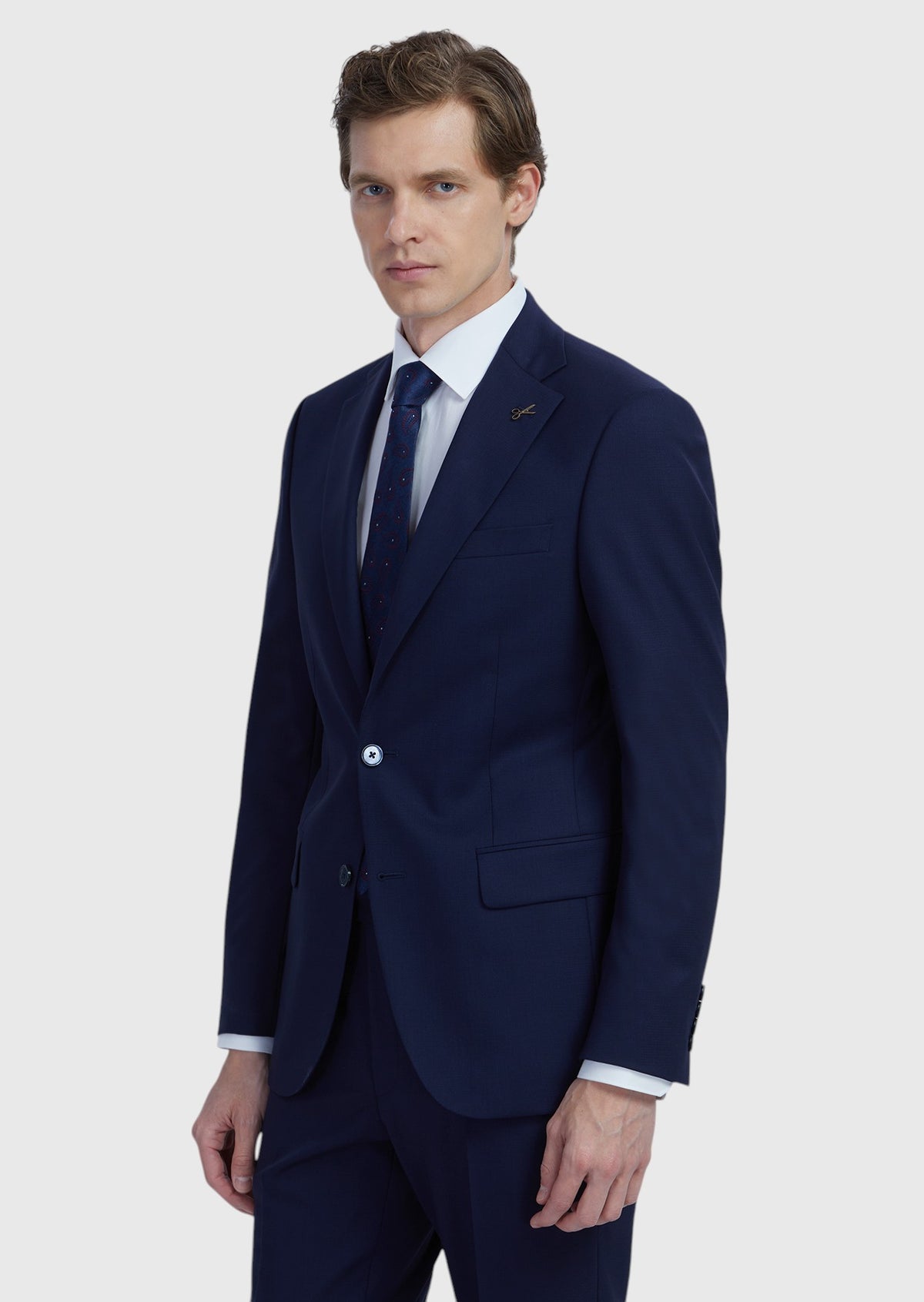 Lacivert Düz Modern Fit Yün Karışımlı Takım Elbise
