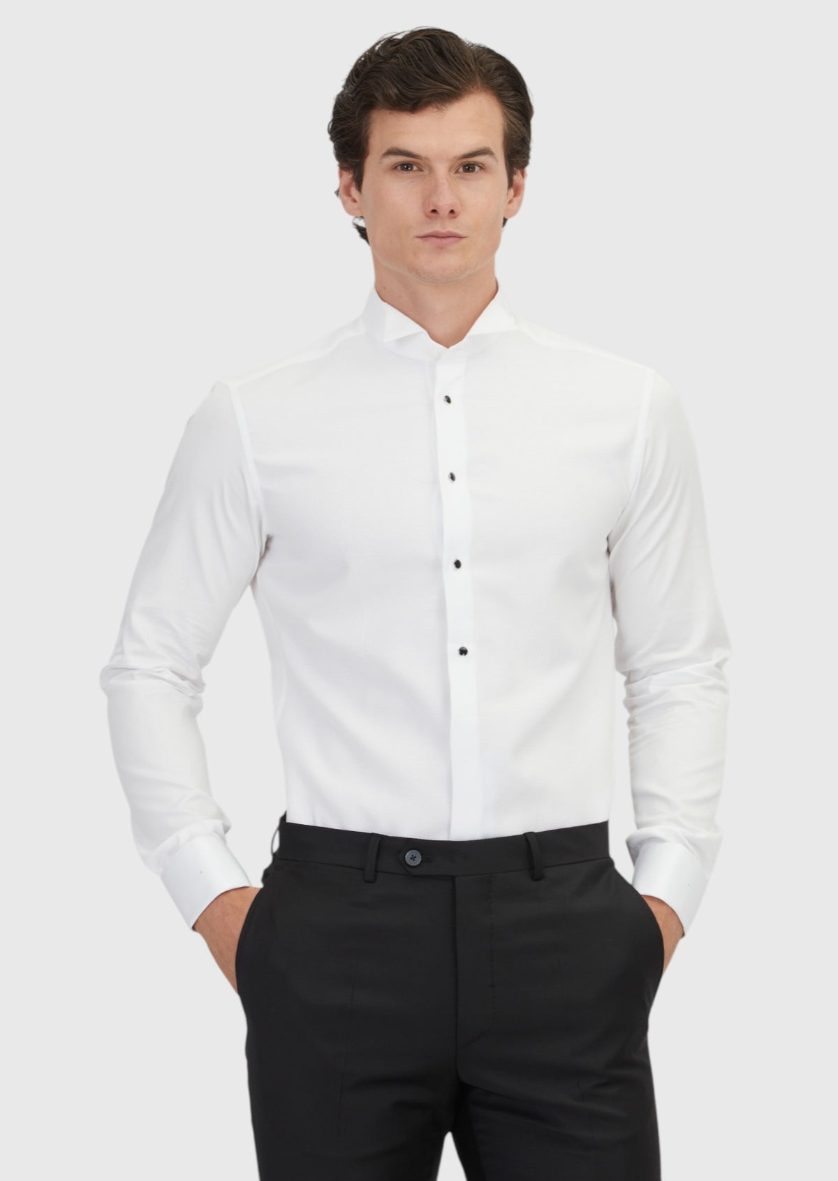 Beyaz Slim Fit Düz Manşet Smokin Gömlek
