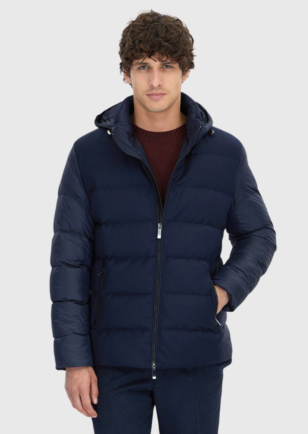Navy Blue Regular Fit Hooded Weaving Coat