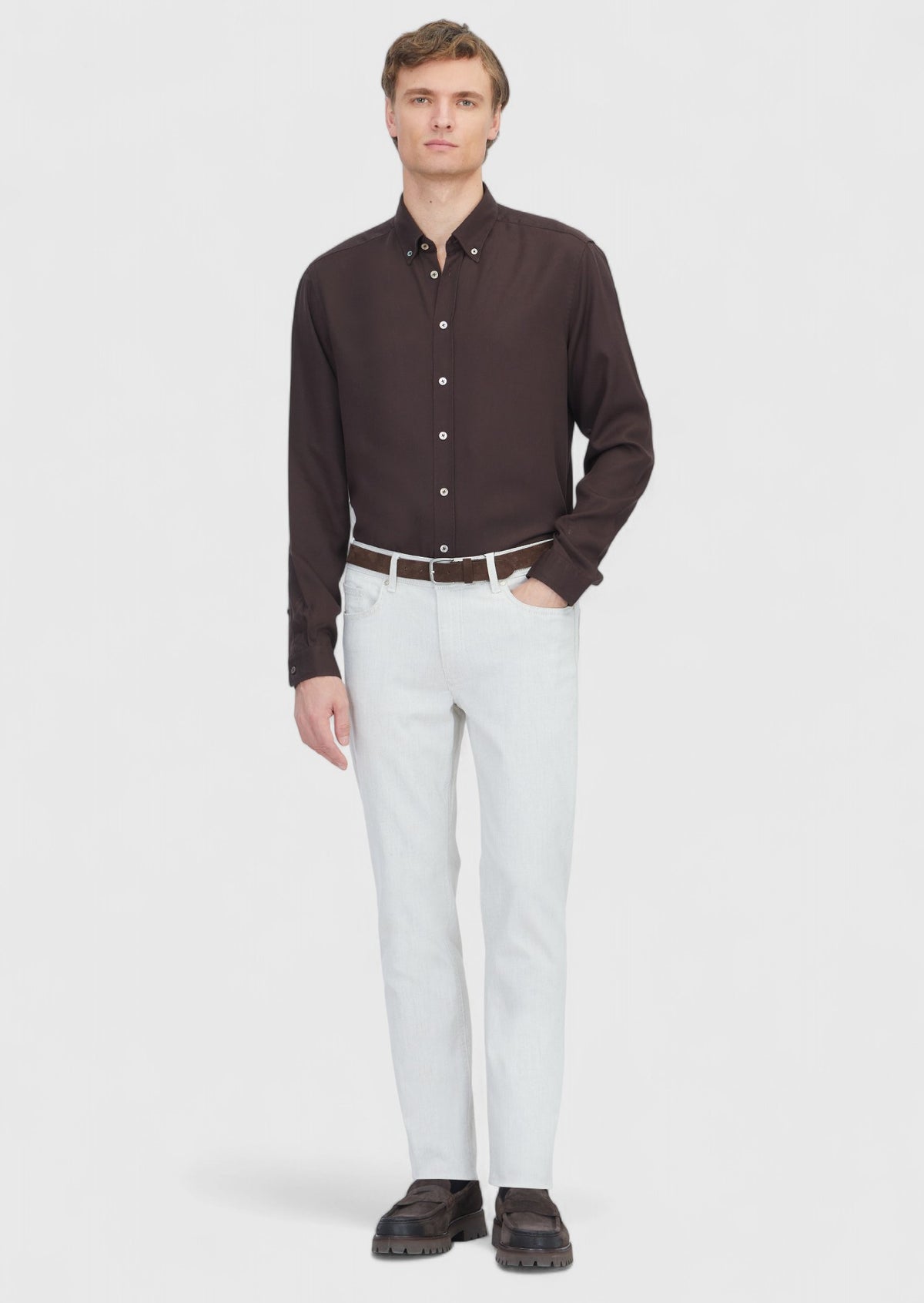 Ekru Düz Slim Fit Denim Pamuk Karışımlı Pantolon