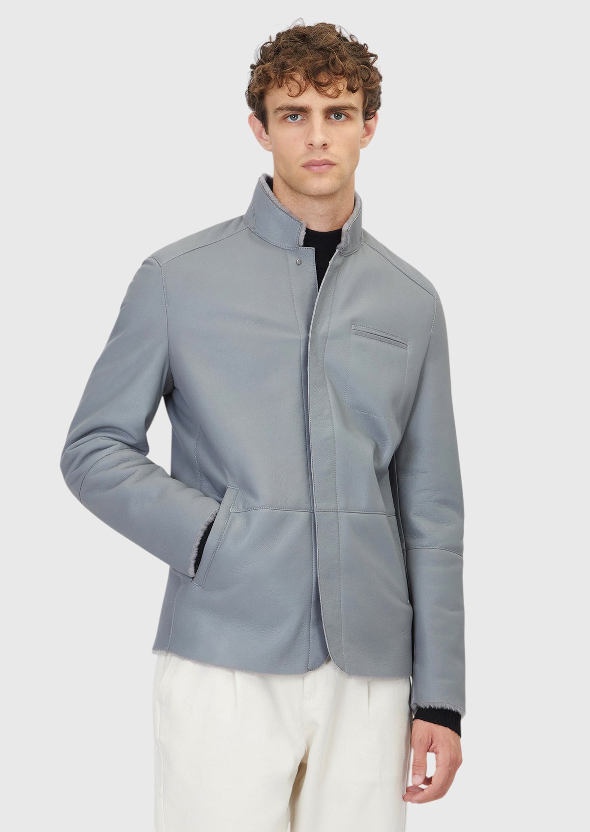 Gri Regular Fit Dik Yaka Casual Koyun Kürkü Deri Mont