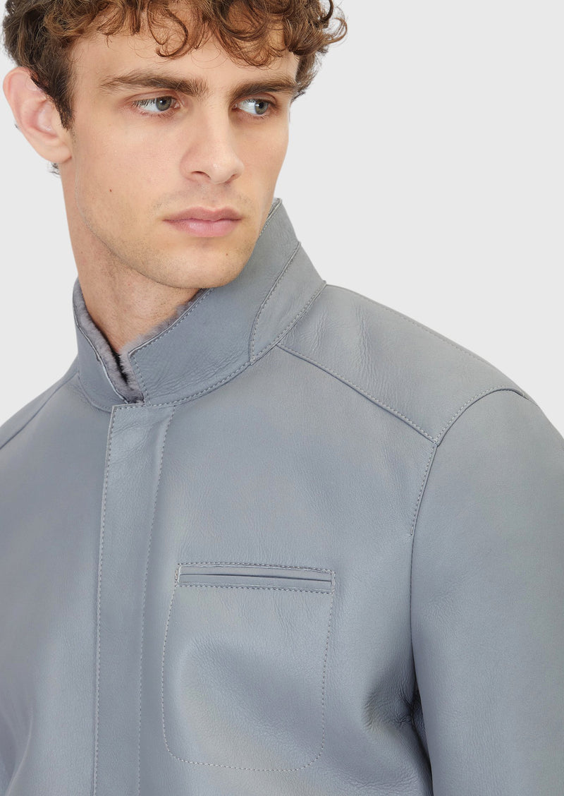Gri Regular Fit Dik Yaka Casual Koyun Kürkü Deri Mont