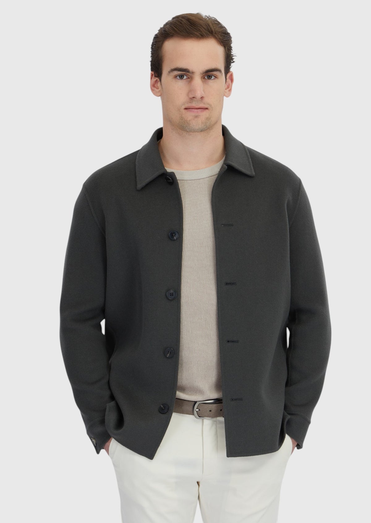 Haki Düz Regular Fit Uzun Dokuma Yün Karışımlı Overshirt