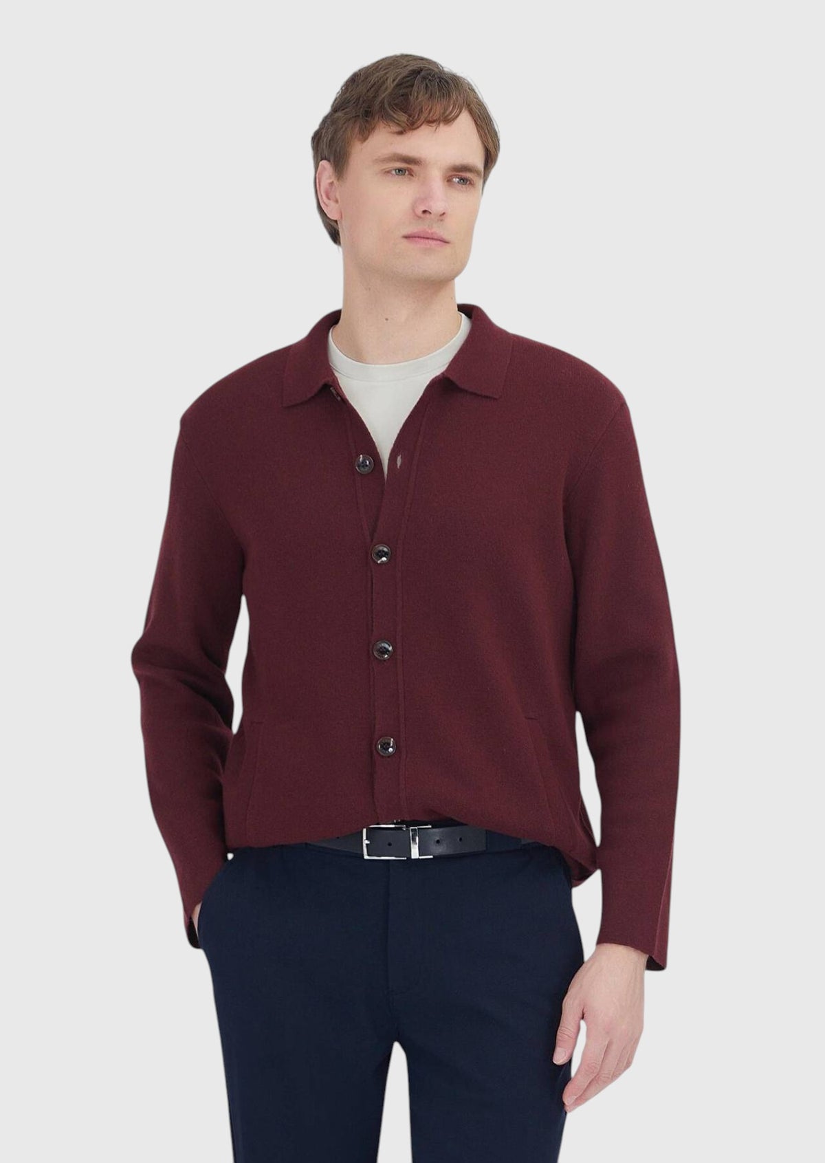 Bordo Polo Yaka Düz Örgü Yün Karışımlı Hırka