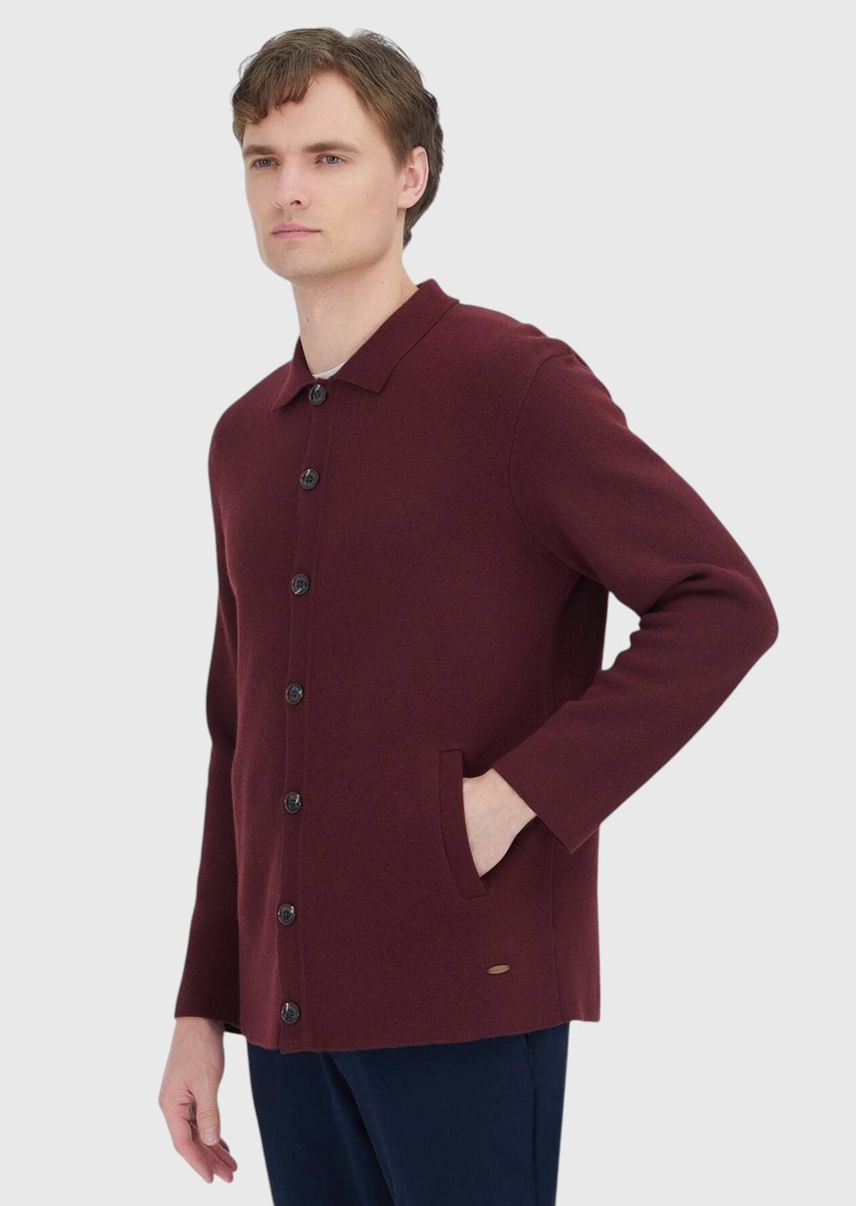 Bordo Polo Yaka Düz Örgü Yün Karışımlı Hırka