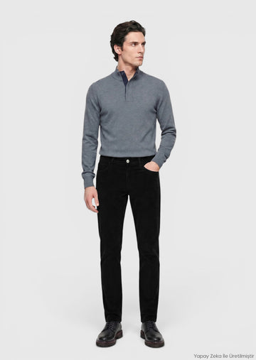 Siyah Düz Dokuma Slim Fit Kadife Casual Pamuk Karışımlı Pantolon