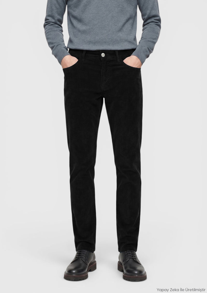Siyah Düz Dokuma Slim Fit Kadife Casual Pamuk Karışımlı Pantolon