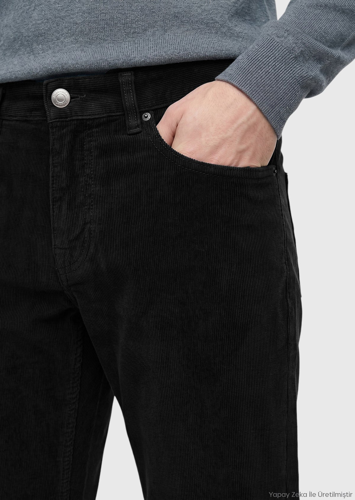 Siyah Düz Dokuma Slim Fit Kadife Casual Pamuk Karışımlı Pantolon