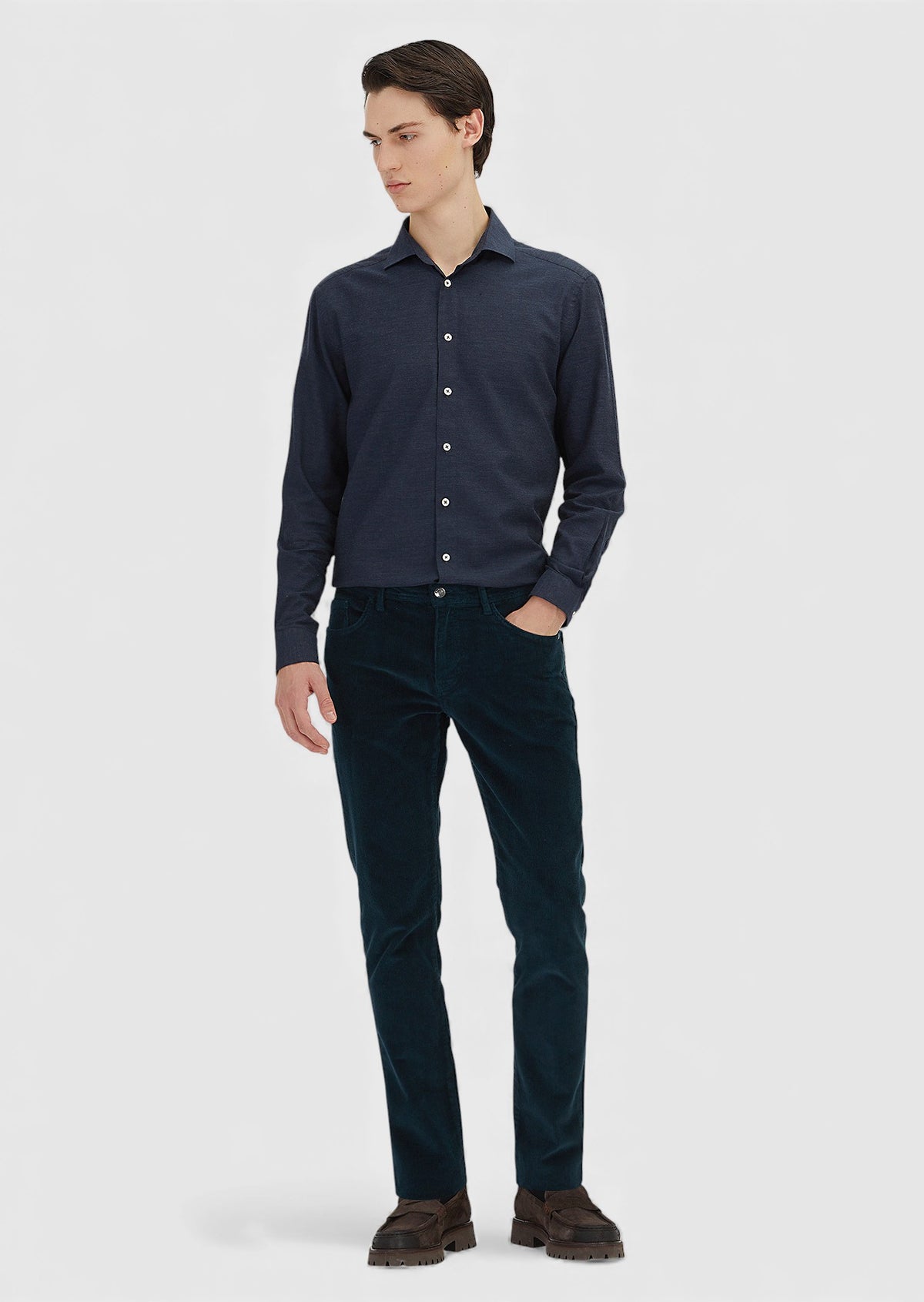 Petrol Düz Dokuma Slim Fit Kadife Casual Pamuk Karışımlı Pantolon