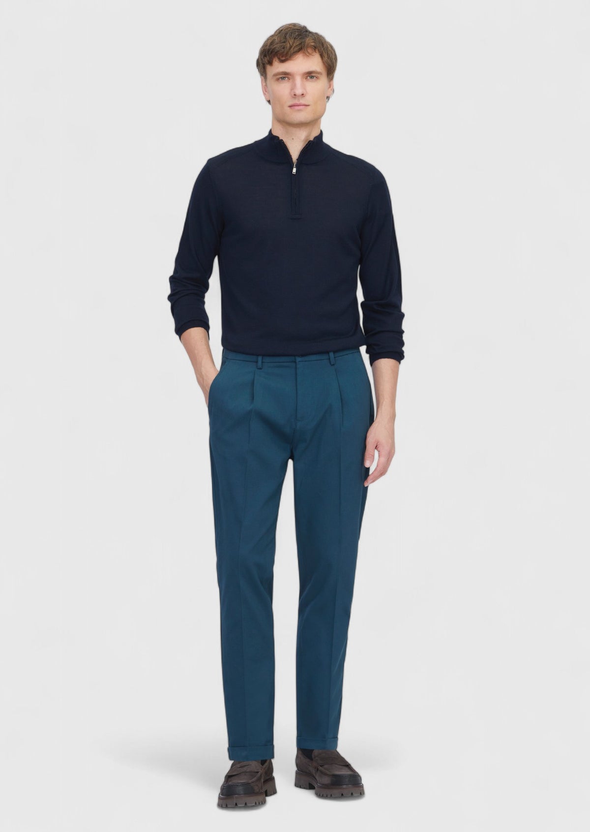 Petrol Blue Weaving Regular Fit Casual Cotton Blended Trousers