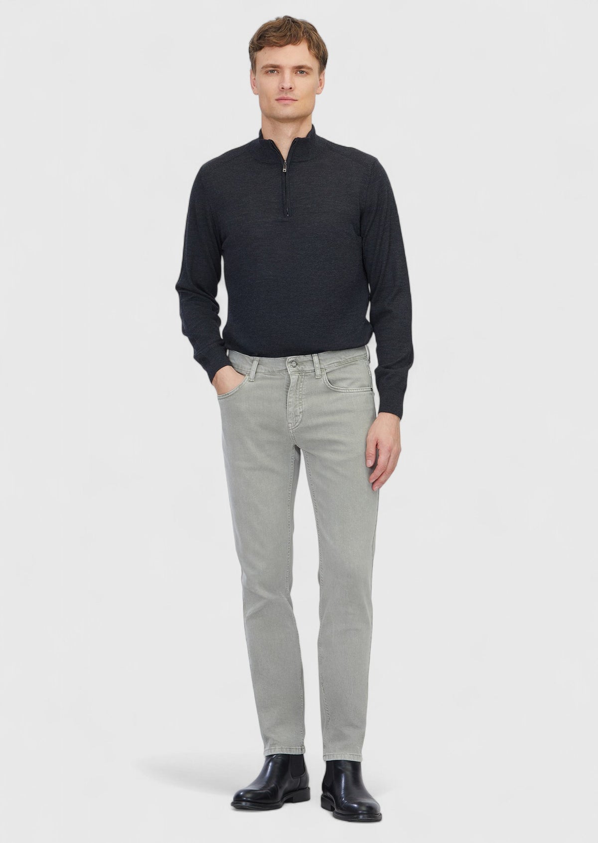 Light Green Slim Fit Denim Cotton Blended Trousers
