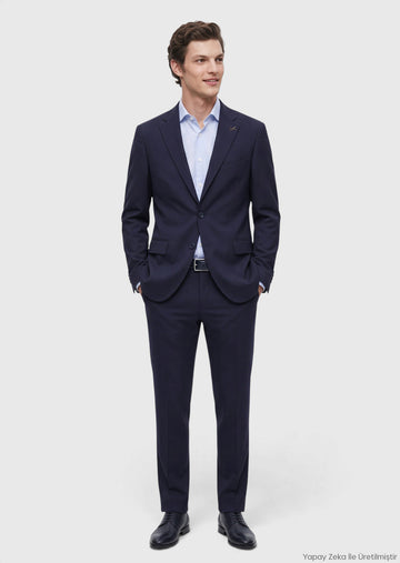 Navy Blue Plain Modern Fit Wool Blended Suit