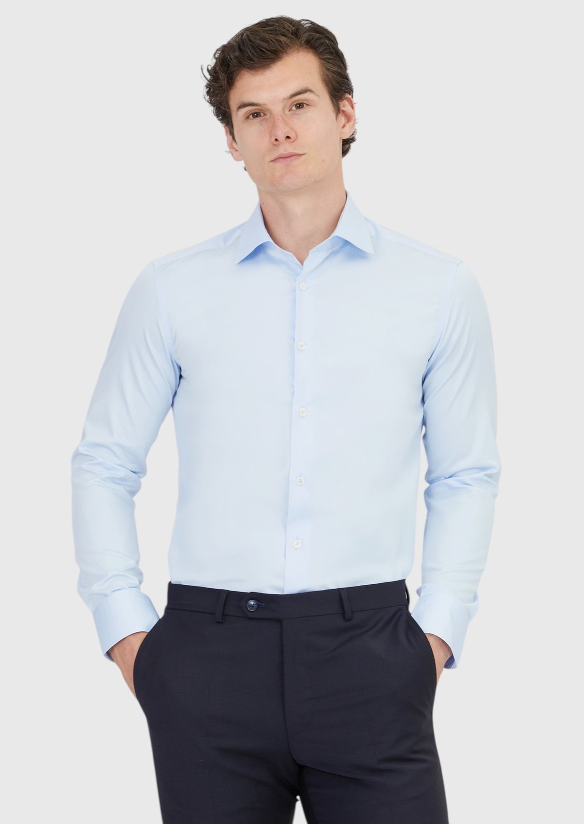 Koyu Mavi Düz Slim Fit Uzun Dokuma Klasik %100 Pamuk Gömlek
