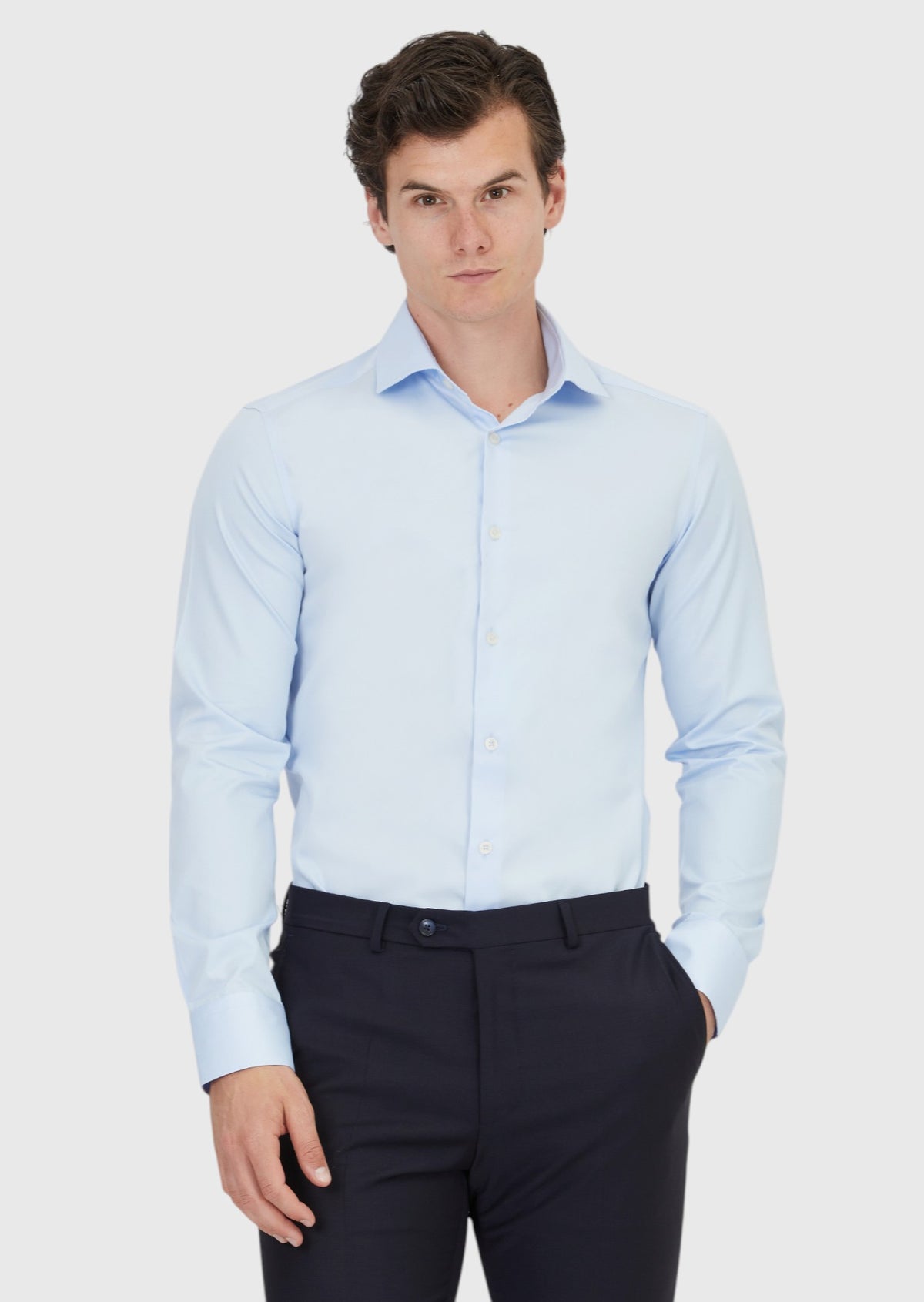Dark Blue Plain Slim Fit Long Weaving Classical 100% Cotton Shirt