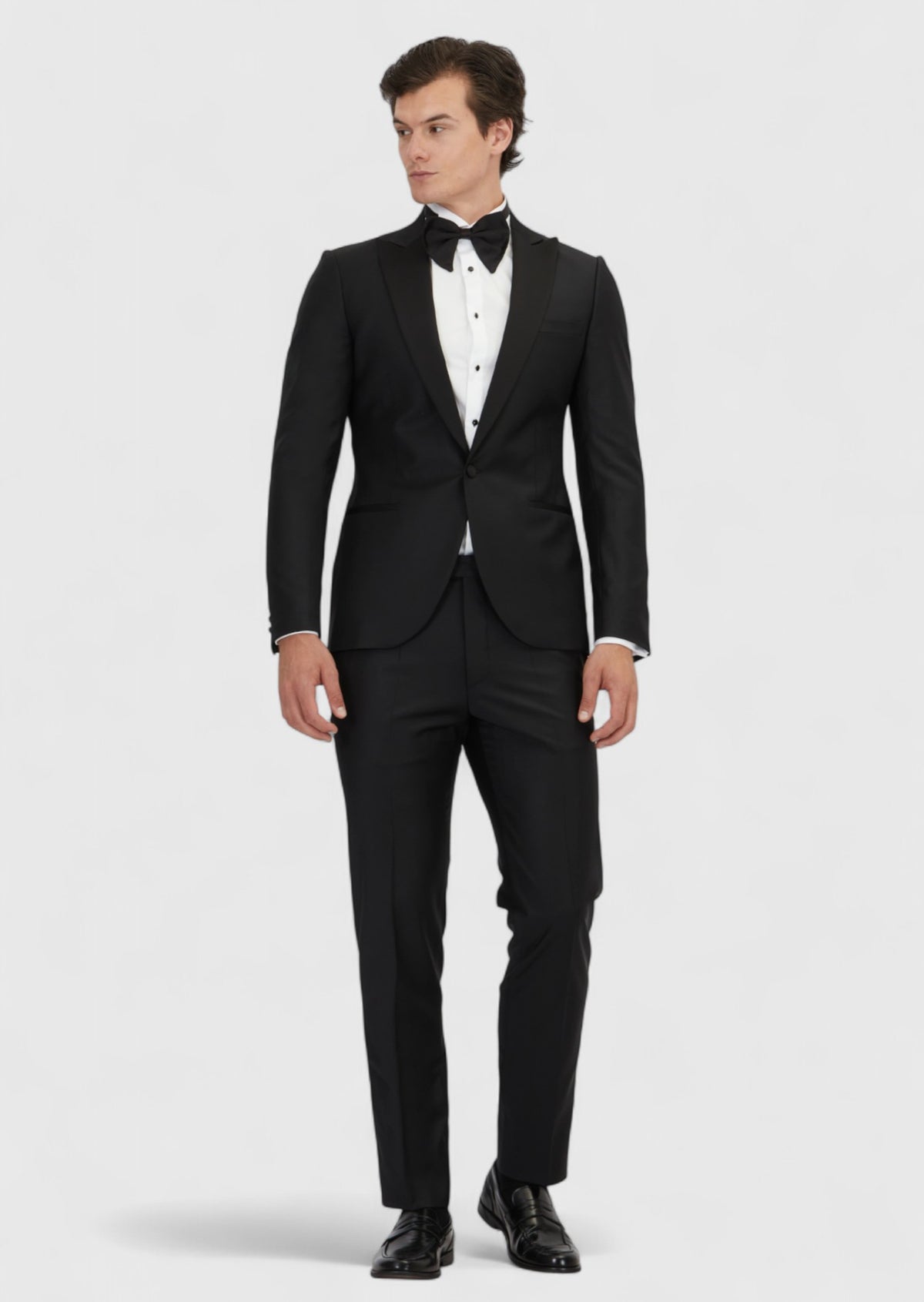 Siyah Düz Slim Fit Kruvaze Yaka Dokuma Smokin Takım Elbise