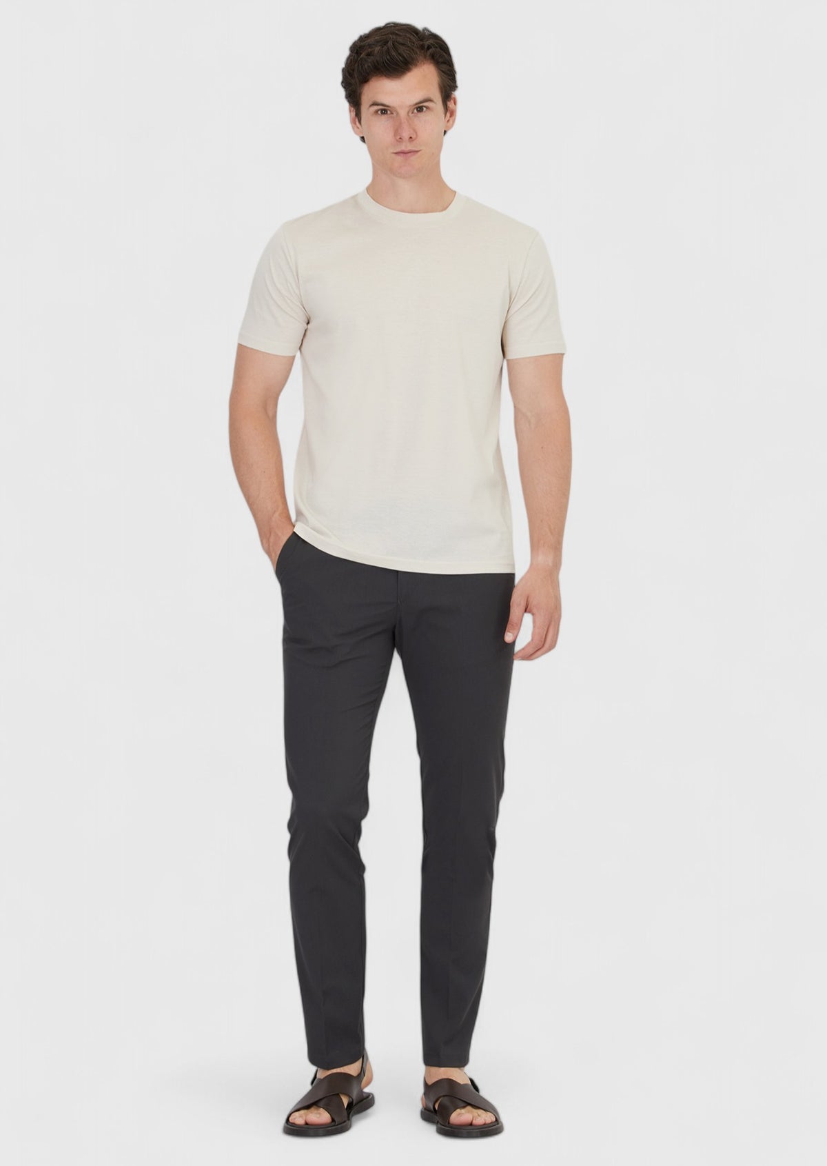 Bej Düz Bisiklet Yaka %100 Pamuk T-Shirt