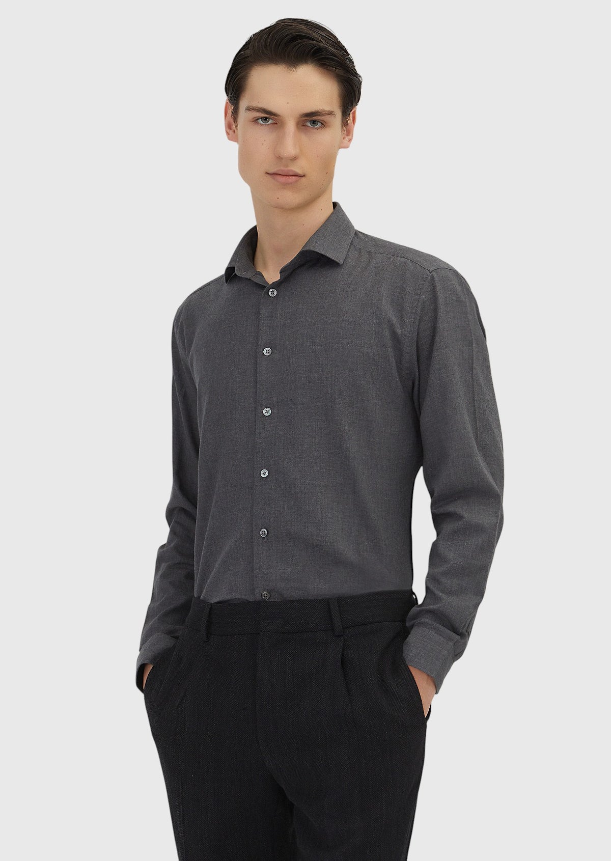 Antrasit Düz Casual Fit Uzun Dokuma Casual %100 Pamuk Gömlek