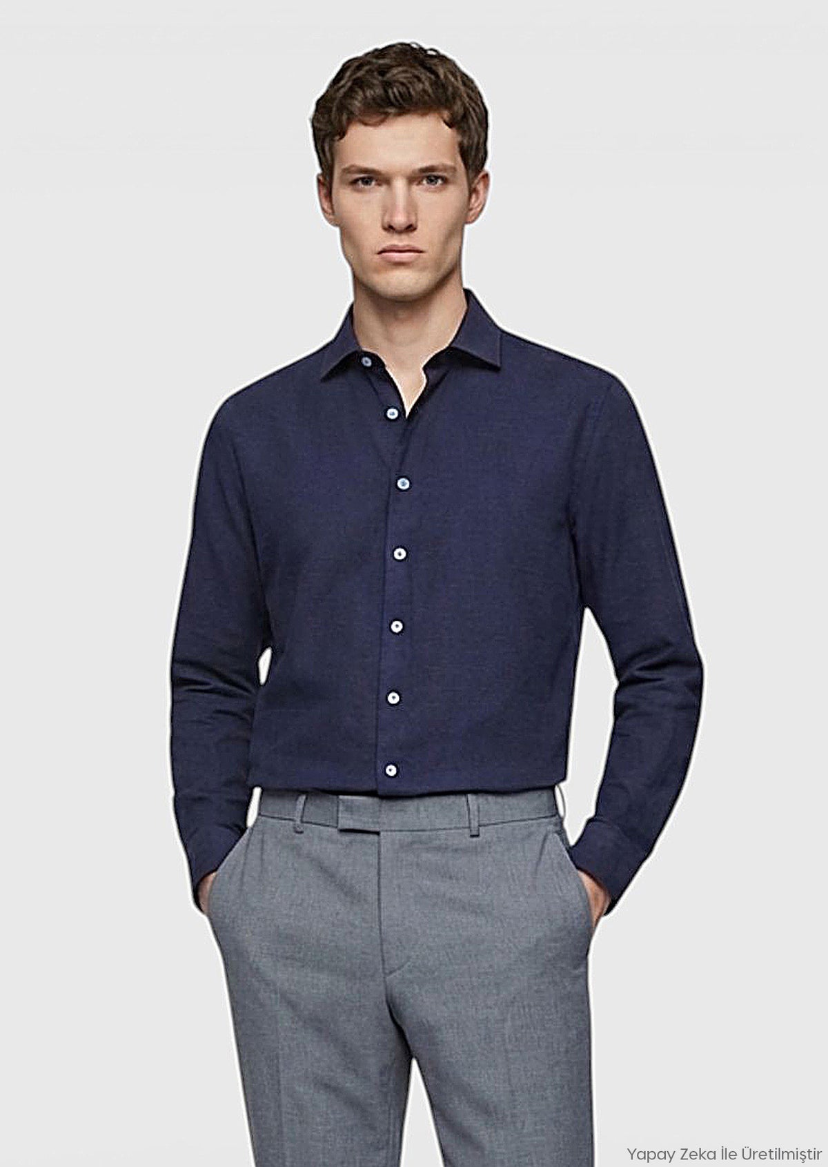 Açık Lacivert Düz Casual Fit Uzun Dokuma Casual %100 Pamuk Gömlek