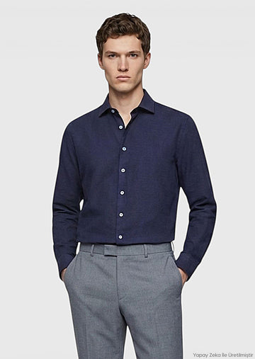 Açık Lacivert Düz Casual Fit Uzun Dokuma Casual %100 Pamuk Gömlek