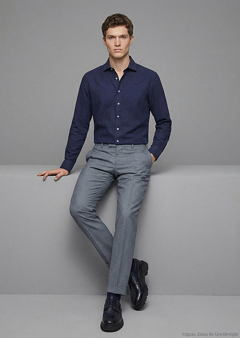 Açık Lacivert Düz Casual Fit Uzun Dokuma Casual %100 Pamuk Gömlek