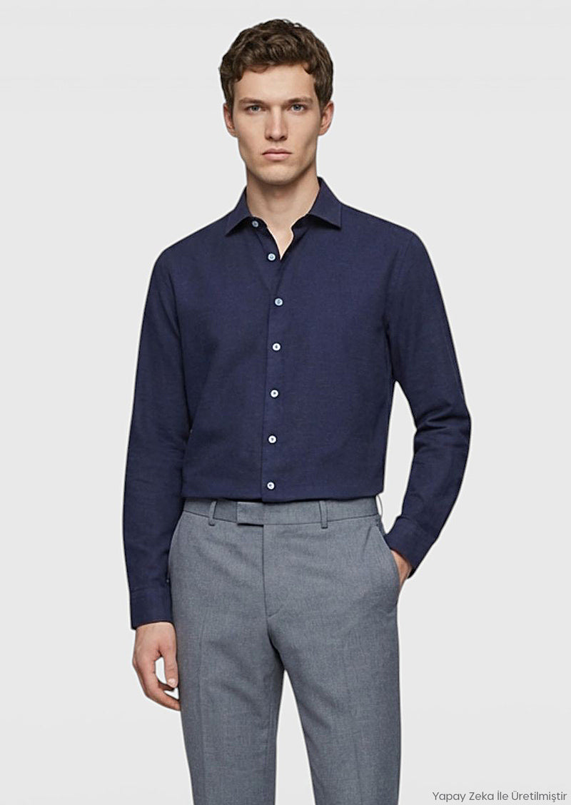 Açık Lacivert Düz Casual Fit Uzun Dokuma Casual %100 Pamuk Gömlek