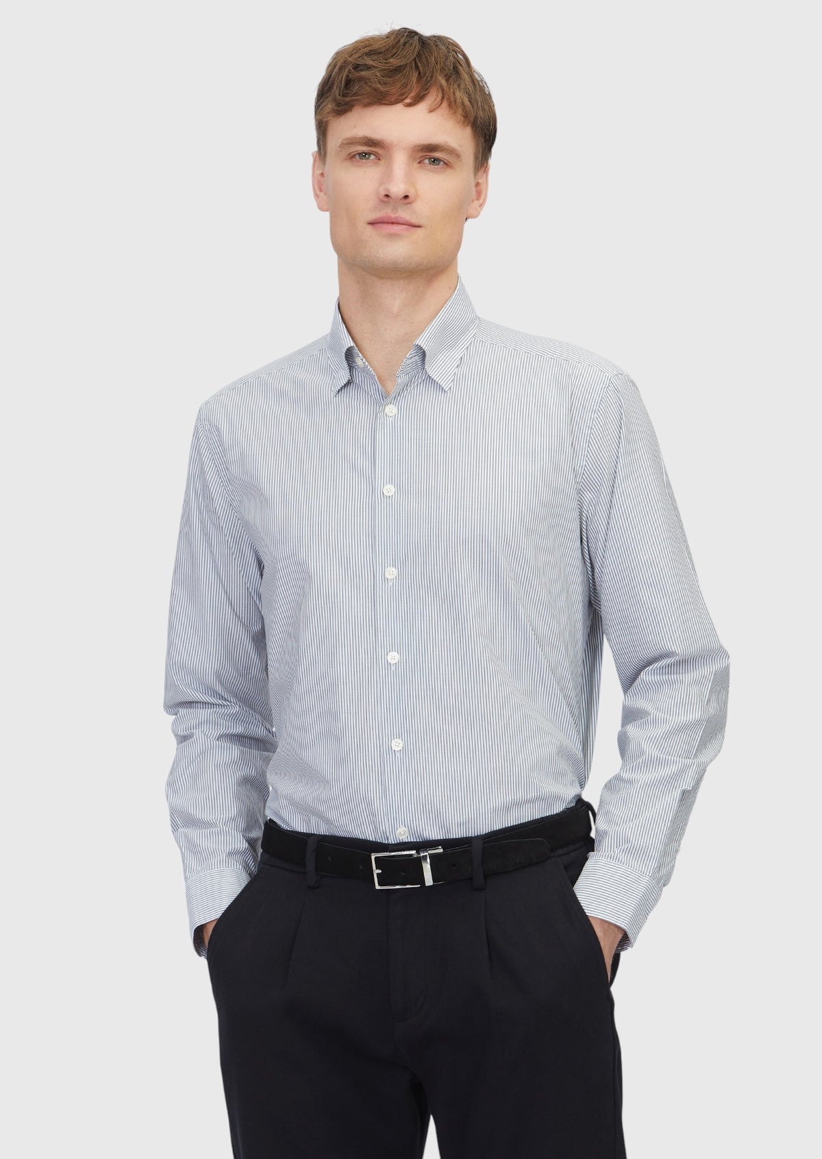 Gri Çizgili Casual Fit Uzun Dokuma Casual %100 Pamuk Gömlek