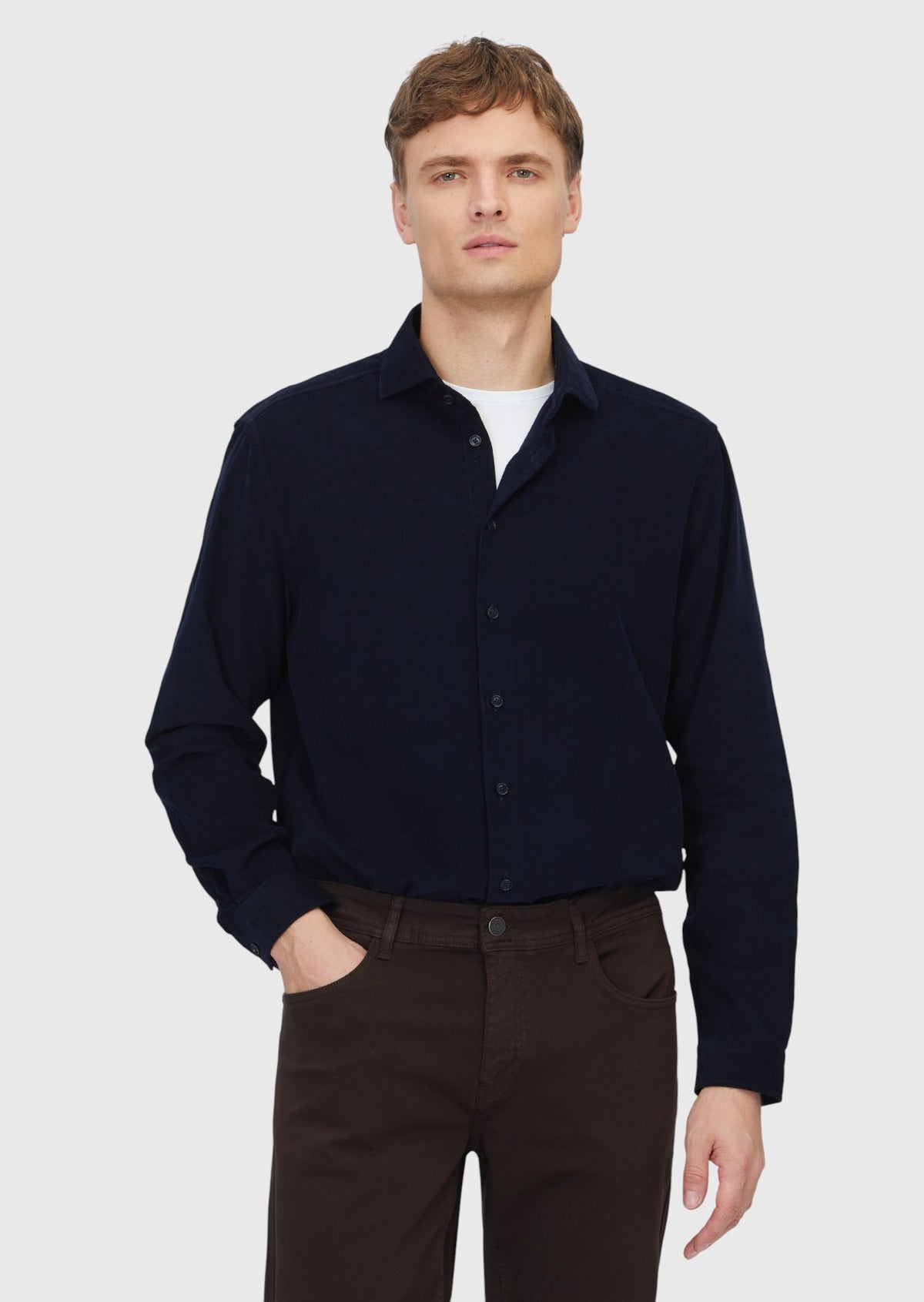 Navy Blue Plain Long Weaving Casual 100% Cotton Shirt