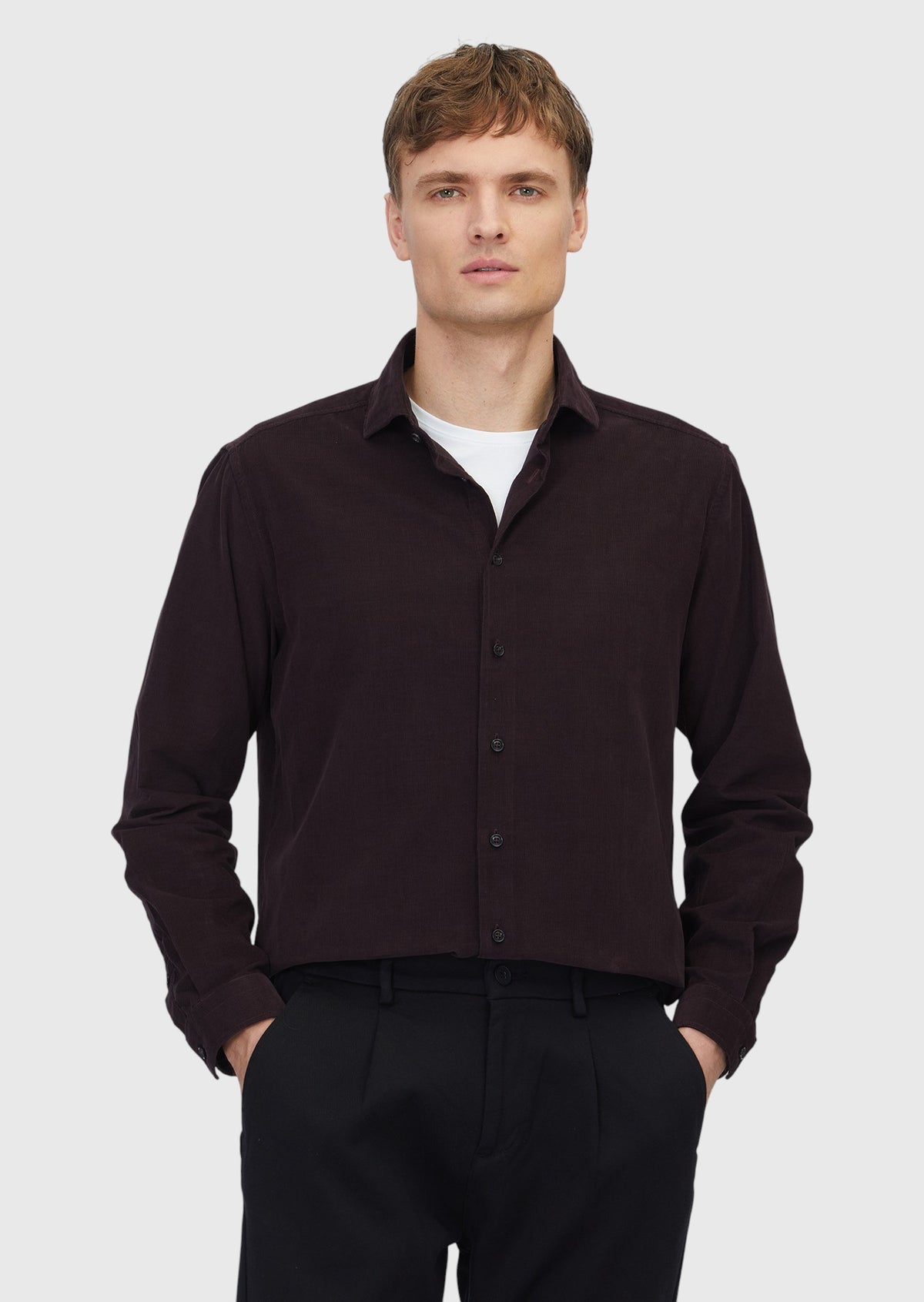 Damson Color Plain Long Weaving Casual 100% Cotton Shirt