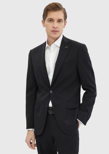 Siyah Düz Modern Fit %100 Yün Takım Elbise