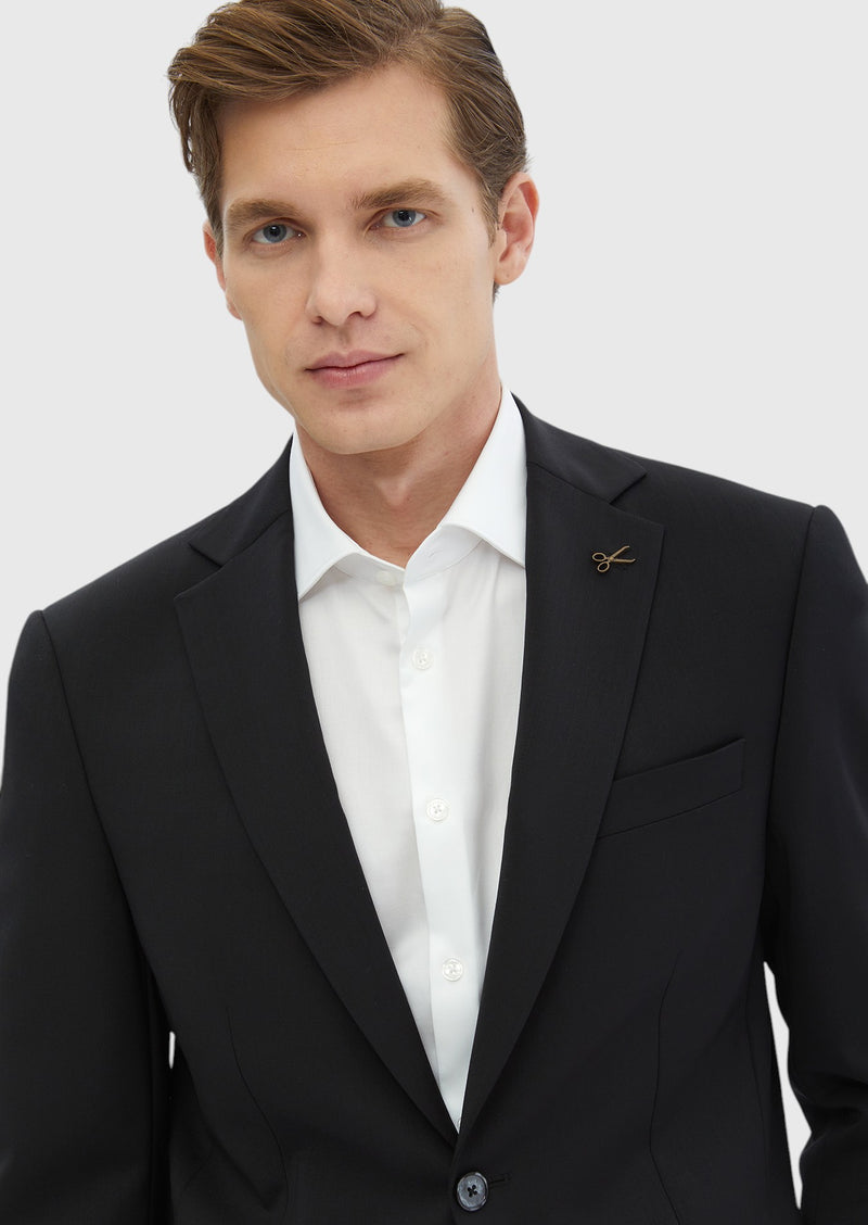 Siyah Düz Modern Fit %100 Yün Takım Elbise