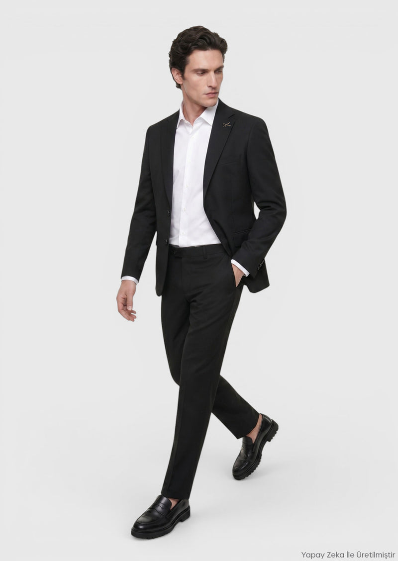 Siyah Düz Modern Fit %100 Yün Takım Elbise