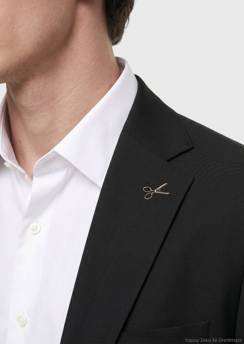 Siyah Düz Modern Fit %100 Yün Takım Elbise