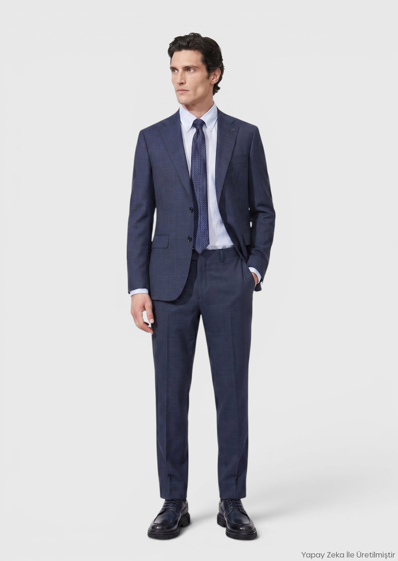 İndigo Düz Regular Fit %100 Yün Takım Elbise