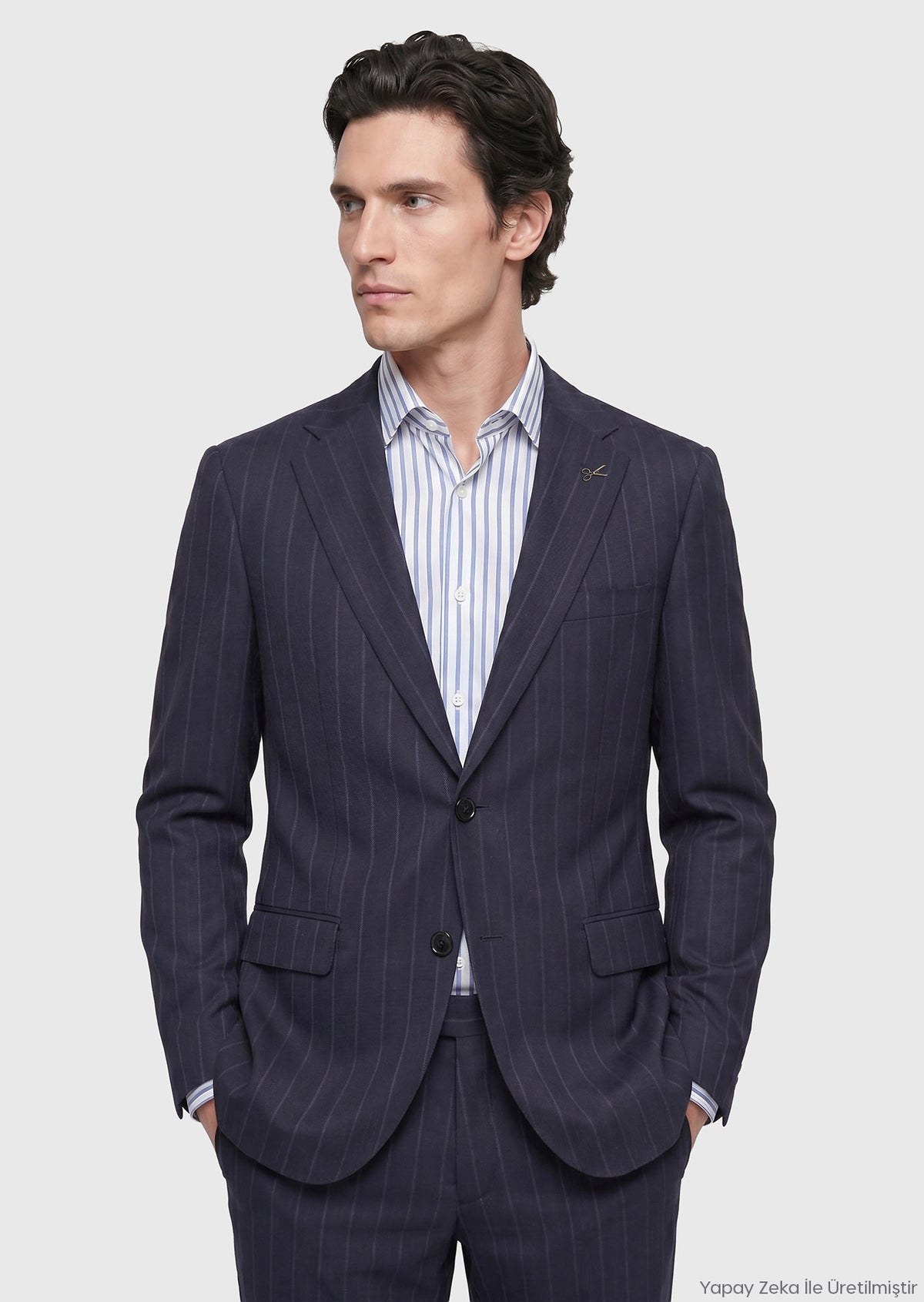 Lacivert Çizgili Regular Fit %100 Yün Takım Elbise