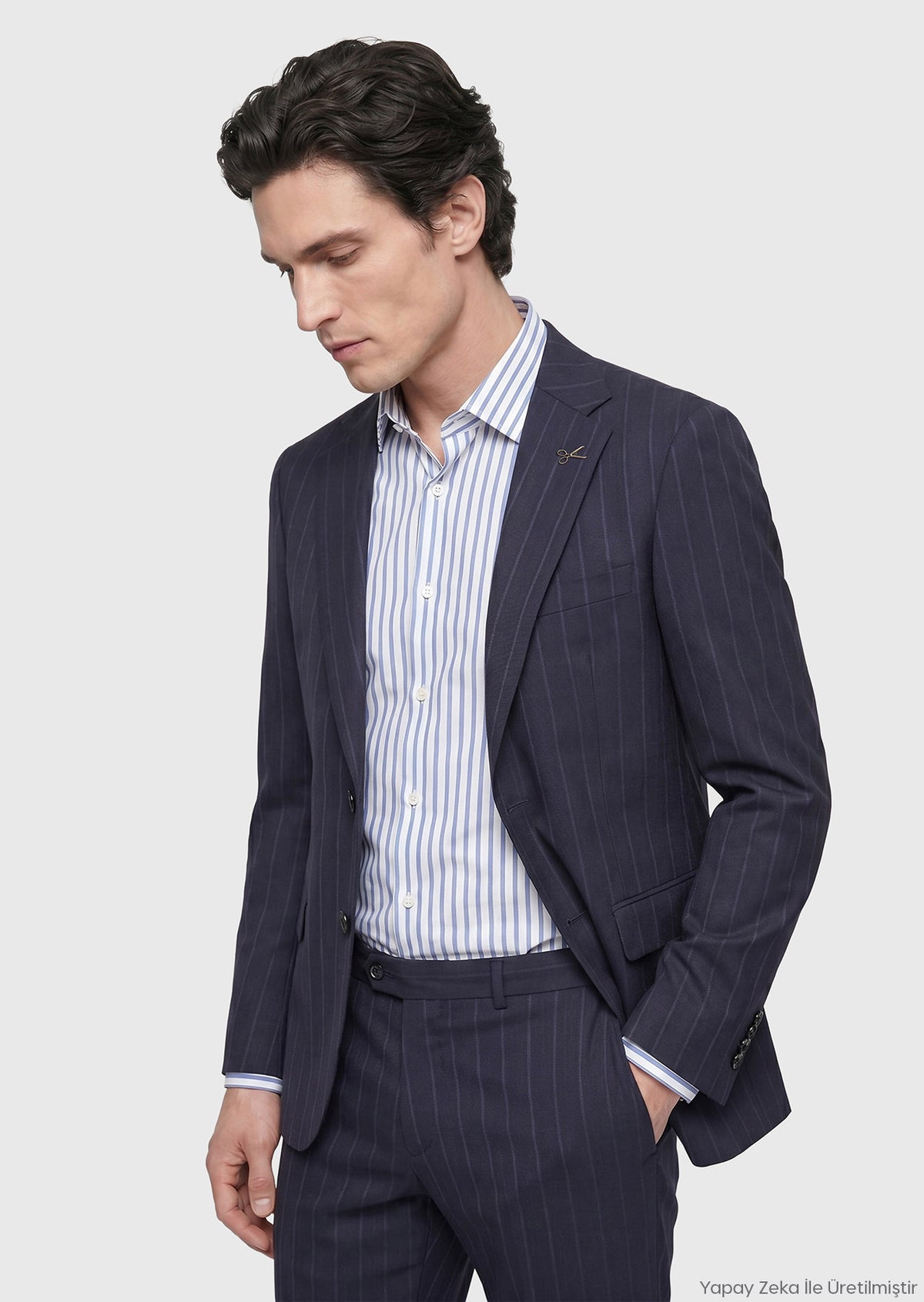 Lacivert Çizgili Regular Fit %100 Yün Takım Elbise