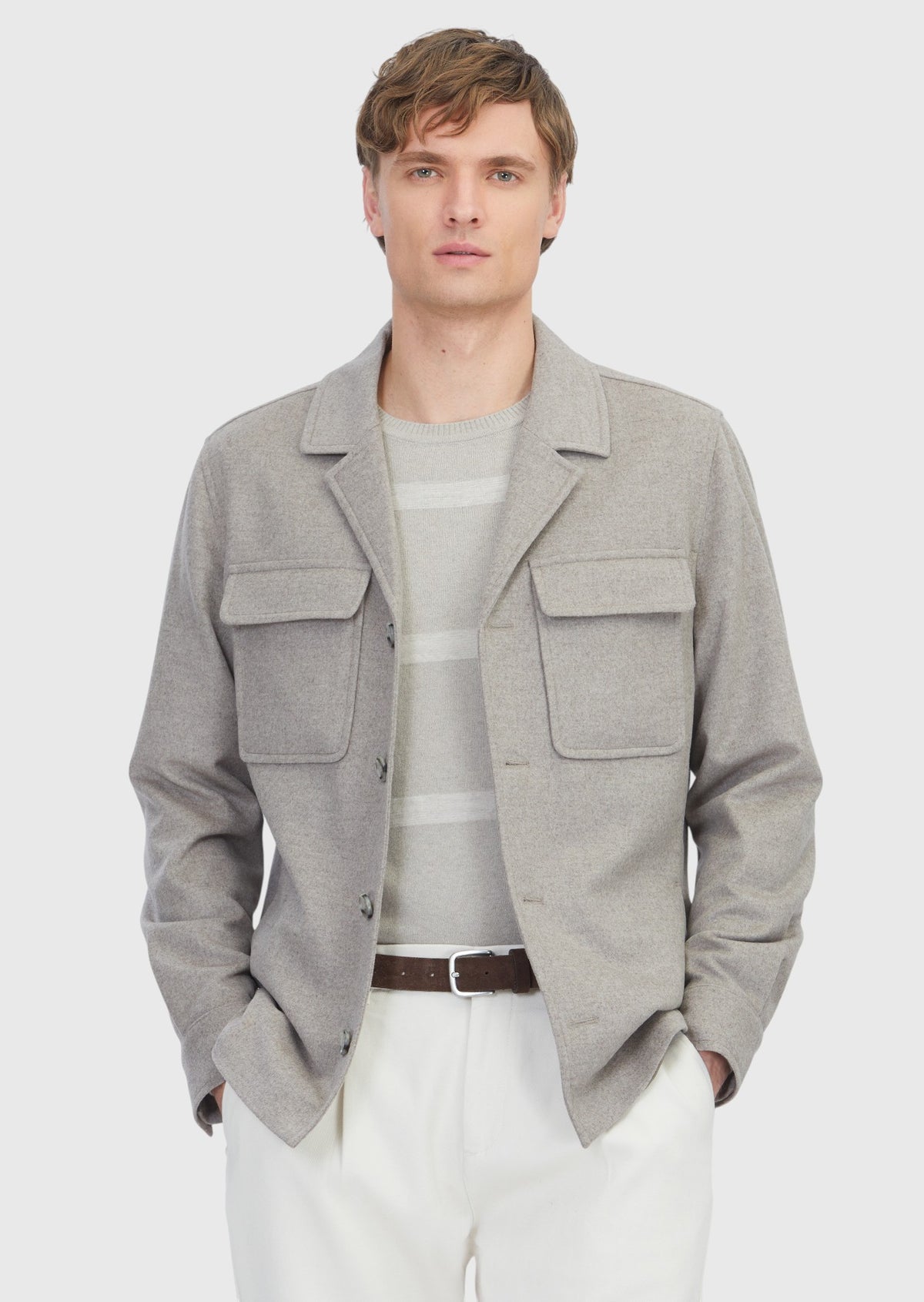 Bej Düz Regular Fit Uzun Dokuma %100 Yün Overshirt