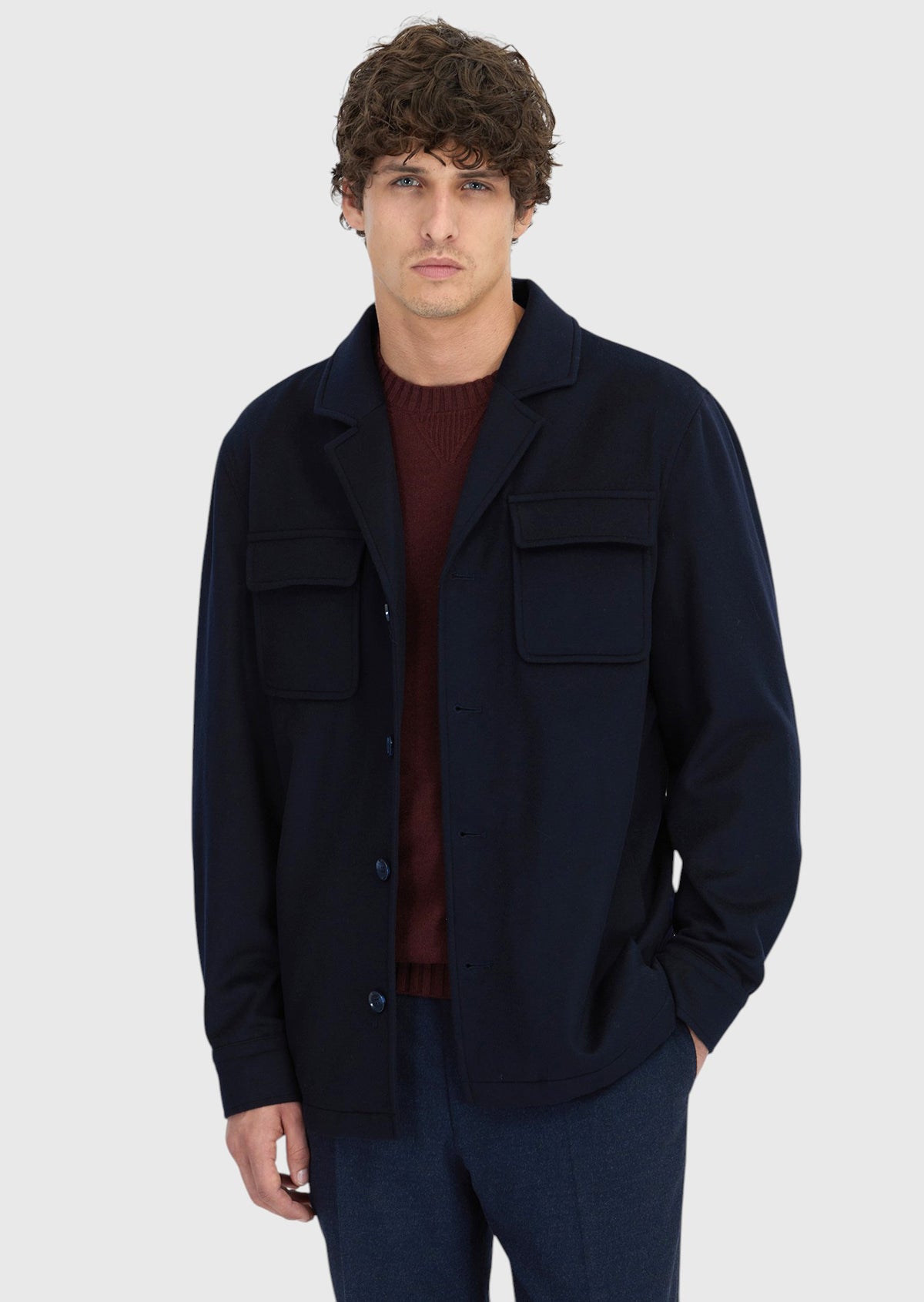 Lacivert Düz Regular Fit Uzun Dokuma %100 Yün Overshirt