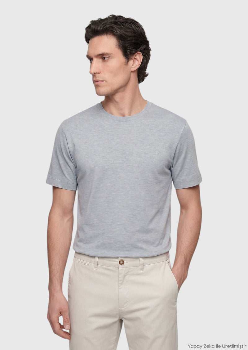 Gri Düz İpek Karışımlı T-Shirt