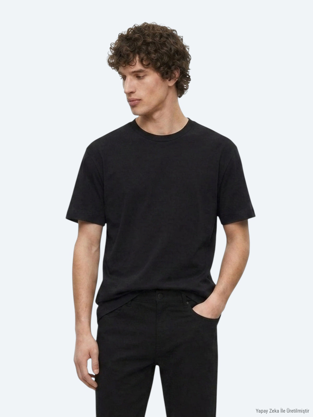 Siyah Düz İpek Karışımlı T-Shirt
